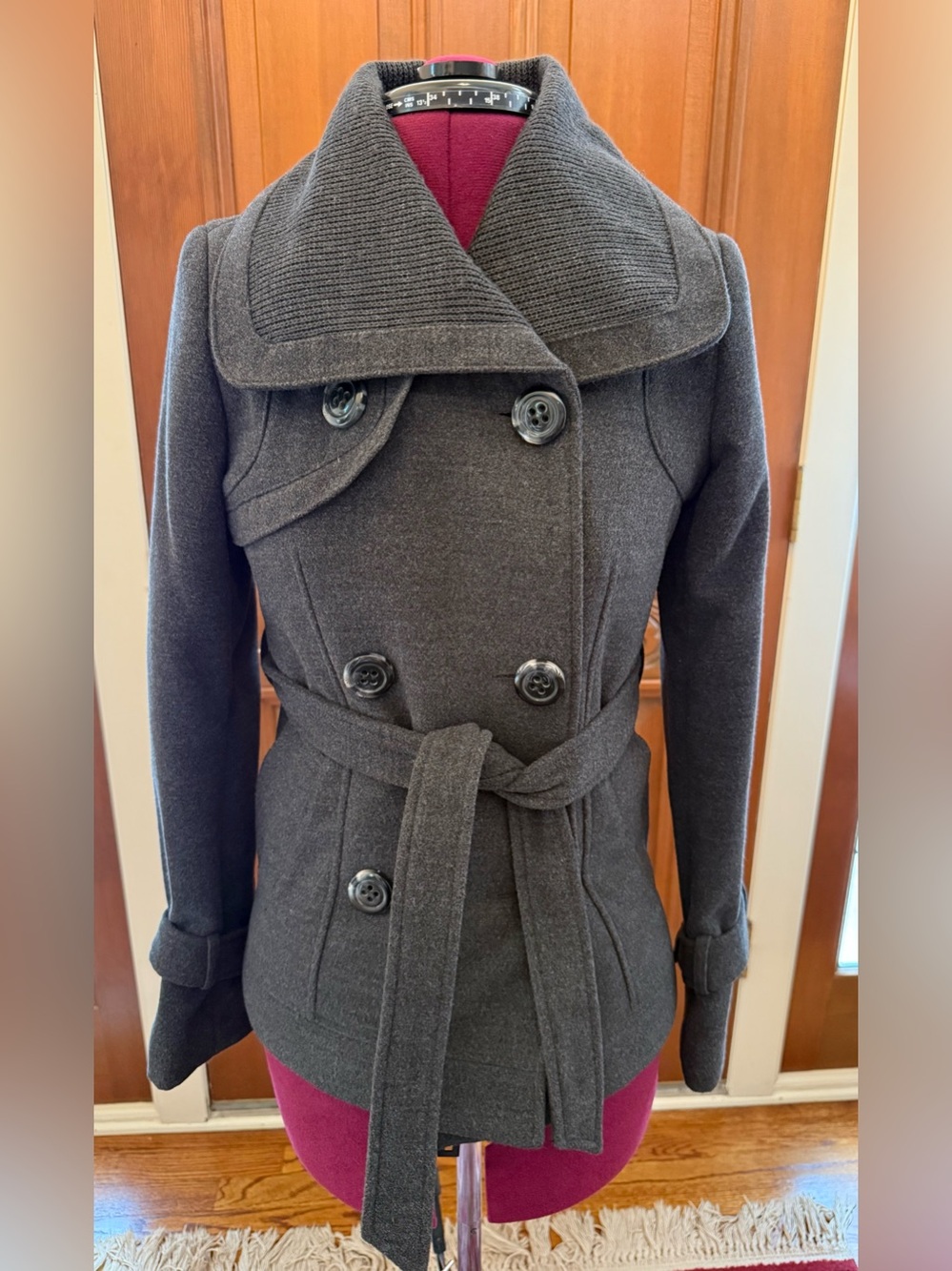 Womens Double-Breasted Belted Coat - Charcoal Gray